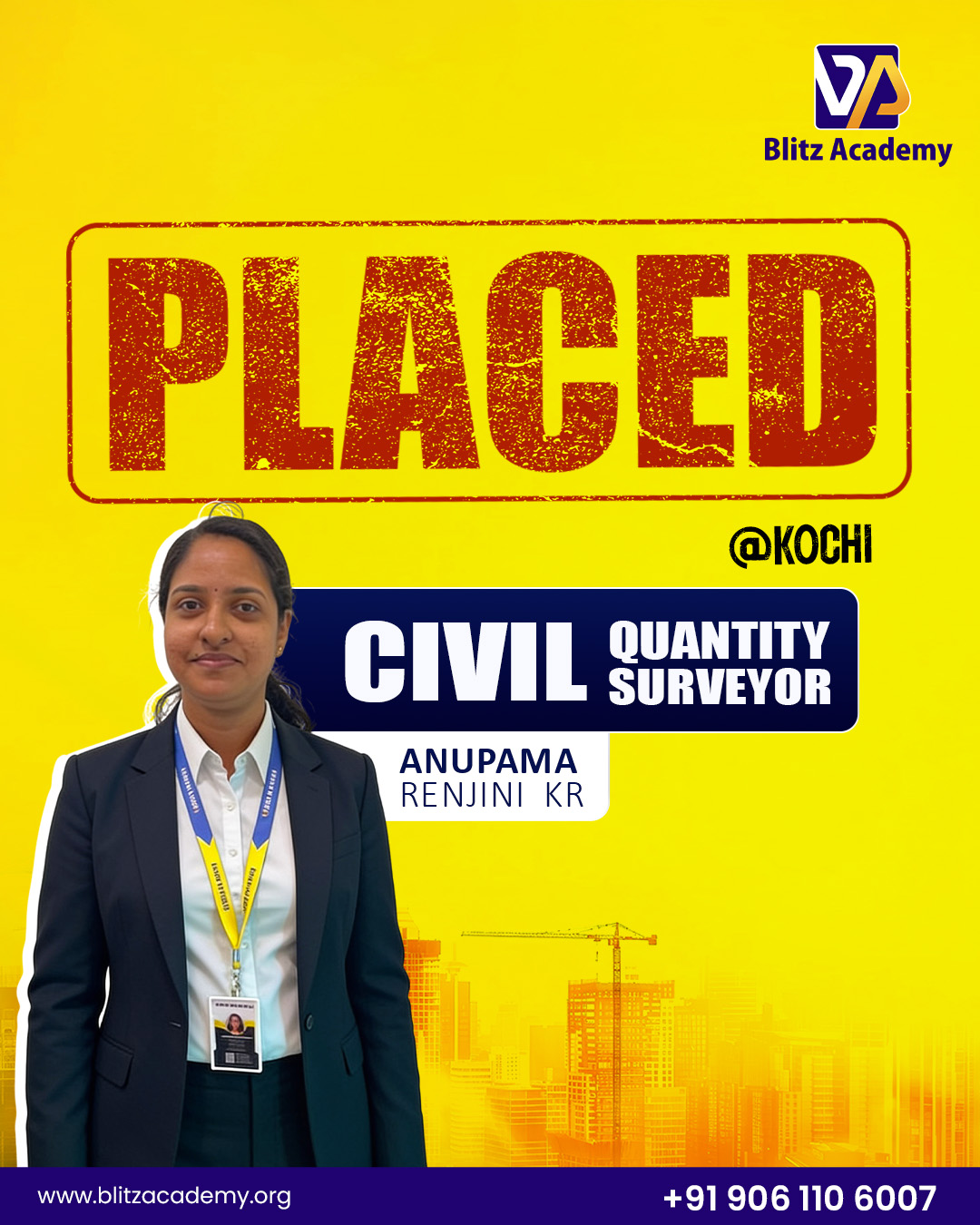 Anupama Renjini K R, placed as Civil QS (Kochi)
